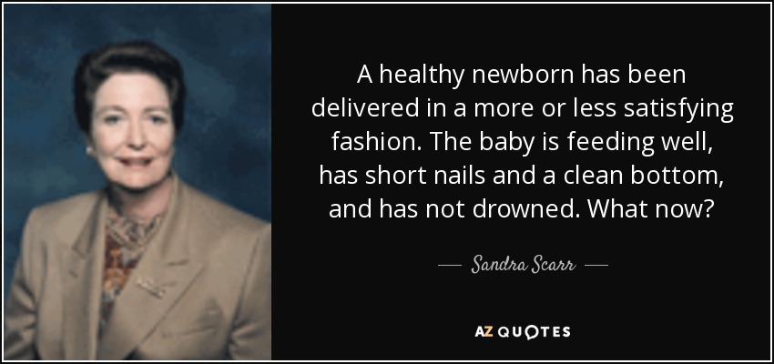 A healthy newborn has been delivered in a more or less satisfying fashion. The baby is feeding well, has short nails and a clean bottom, and has not drowned. What now? - Sandra Scarr