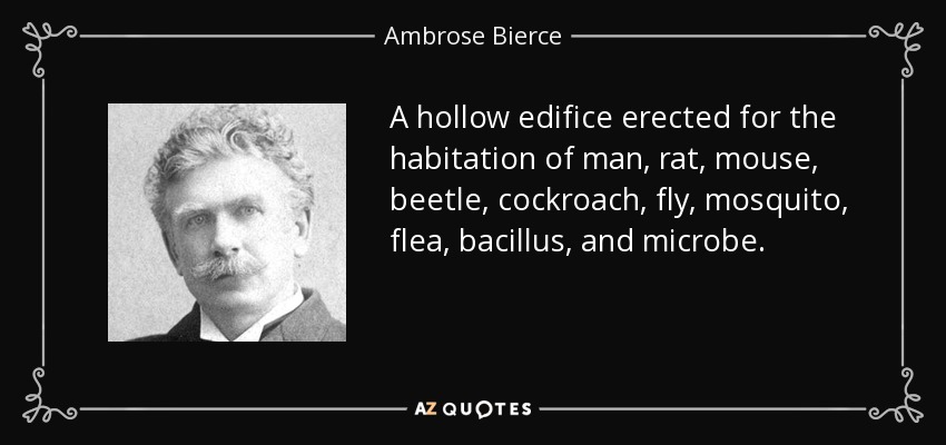 A hollow edifice erected for the habitation of man, rat, mouse, beetle, cockroach, fly, mosquito, flea, bacillus, and microbe. - Ambrose Bierce