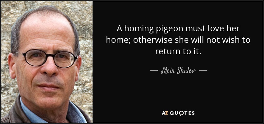 A homing pigeon must love her home; otherwise she will not wish to return to it. - Meir Shalev
