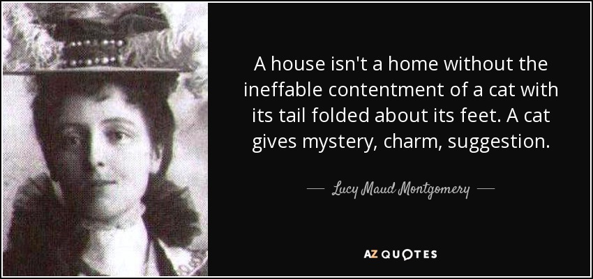 A house isn't a home without the ineffable contentment of a cat with its tail folded about its feet. A cat gives mystery, charm, suggestion. - Lucy Maud Montgomery