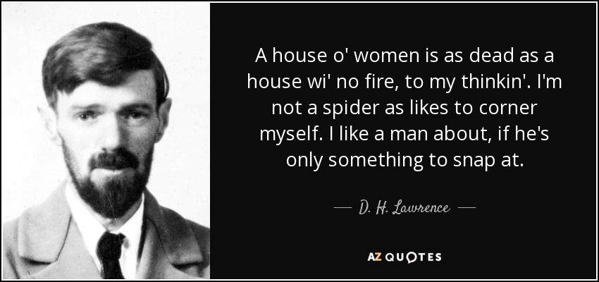 A house o' women is as dead as a house wi' no fire, to my thinkin'. I'm not a spider as likes to corner myself. I like a man about, if he's only something to snap at. - D. H. Lawrence