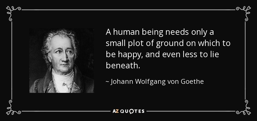 A human being needs only a small plot of ground on which to be happy, and even less to lie beneath. - Johann Wolfgang von Goethe