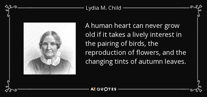 A human heart can never grow old if it takes a lively interest in the pairing of birds, the reproduction of flowers, and the changing tints of autumn leaves. - Lydia M. Child