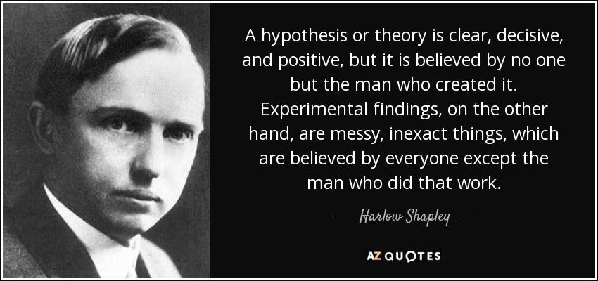 A hypothesis or theory is clear, decisive, and positive, but it is believed by no one but the man who created it. Experimental findings, on the other hand, are messy, inexact things, which are believed by everyone except the man who did that work. - Harlow Shapley