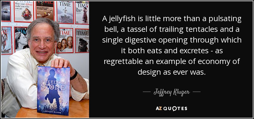 A jellyfish is little more than a pulsating bell, a tassel of trailing tentacles and a single digestive opening through which it both eats and excretes - as regrettable an example of economy of design as ever was. - Jeffrey Kluger