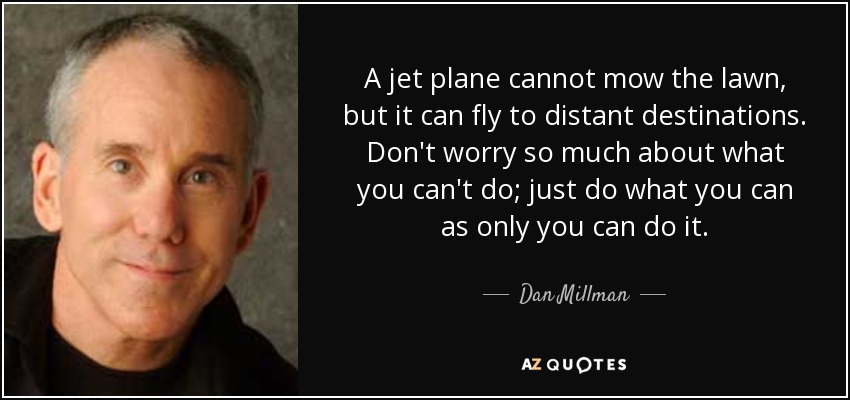 A jet plane cannot mow the lawn, but it can fly to distant destinations. Don't worry so much about what you can't do; just do what you can as only you can do it. - Dan Millman