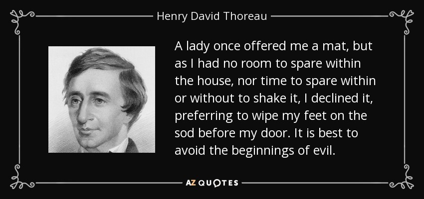 A lady once offered me a mat, but as I had no room to spare within the house, nor time to spare within or without to shake it, I declined it, preferring to wipe my feet on the sod before my door. It is best to avoid the beginnings of evil. - Henry David Thoreau
