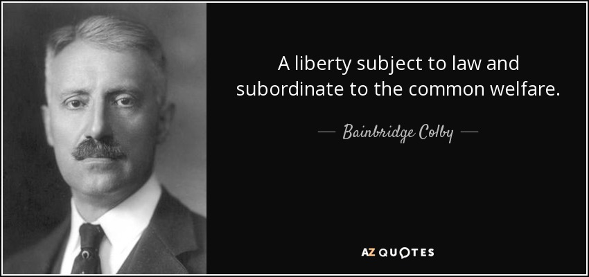 A liberty subject to law and subordinate to the common welfare. - Bainbridge Colby