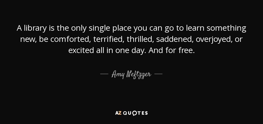A library is the only single place you can go to learn something new, be comforted, terrified, thrilled, saddened, overjoyed, or excited all in one day. And for free. - Amy Neftzger
