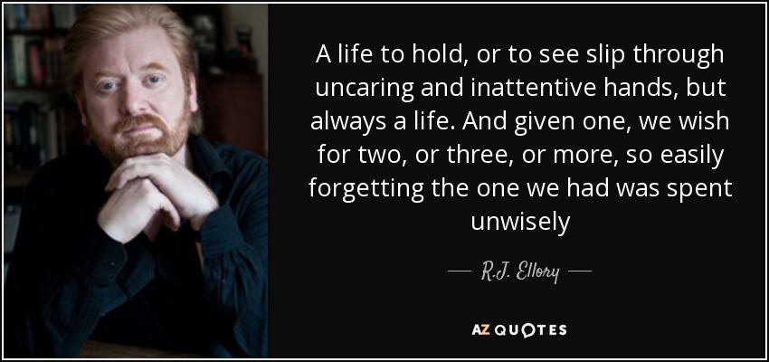 A life to hold, or to see slip through uncaring and inattentive hands, but always a life. And given one, we wish for two, or three, or more, so easily forgetting the one we had was spent unwisely - R.J. Ellory