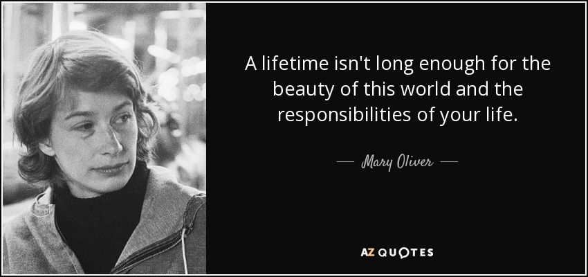A lifetime isn't long enough for the beauty of this world and the responsibilities of your life. - Mary Oliver