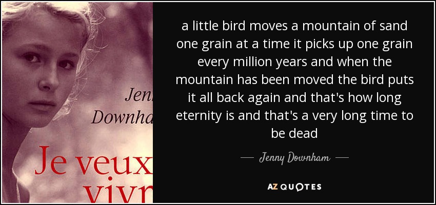 a little bird moves a mountain of sand one grain at a time it picks up one grain every million years and when the mountain has been moved the bird puts it all back again and that's how long eternity is and that's a very long time to be dead - Jenny Downham