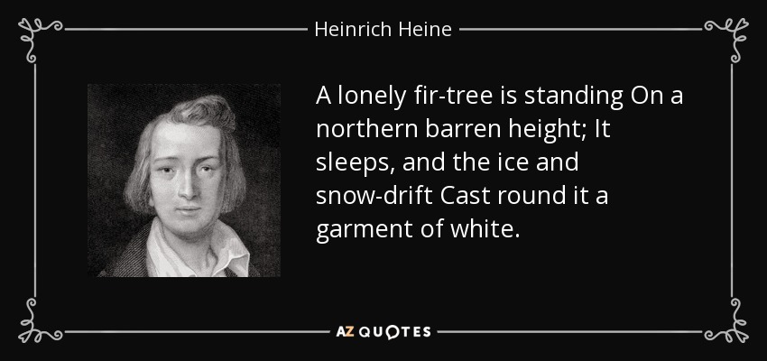 A lonely fir-tree is standing On a northern barren height; It sleeps, and the ice and snow-drift Cast round it a garment of white. - Heinrich Heine