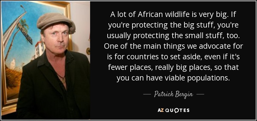 A lot of African wildlife is very big. If you're protecting the big stuff, you're usually protecting the small stuff, too. One of the main things we advocate for is for countries to set aside, even if it's fewer places, really big places, so that you can have viable populations. - Patrick Bergin