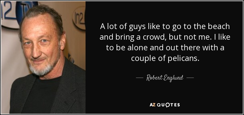 A lot of guys like to go to the beach and bring a crowd, but not me. I like to be alone and out there with a couple of pelicans. - Robert Englund