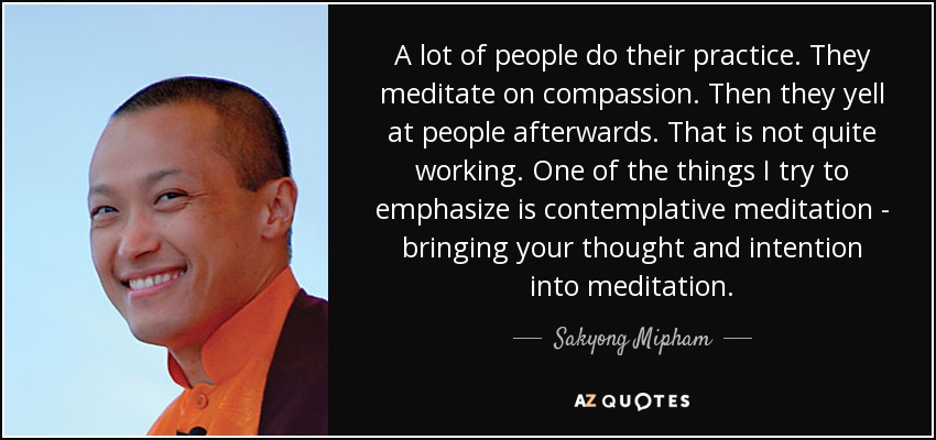 A lot of people do their practice. They meditate on compassion. Then they yell at people afterwards. That is not quite working. One of the things I try to emphasize is contemplative meditation - bringing your thought and intention into meditation. - Sakyong Mipham