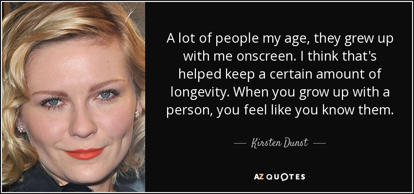 A lot of people my age, they grew up with me onscreen. I think that's helped keep a certain amount of longevity. When you grow up with a person, you feel like you know them. - Kirsten Dunst