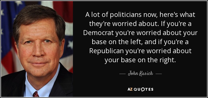 A lot of politicians now, here's what they're worried about. If you're a Democrat you're worried about your base on the left, and if you're a Republican you're worried about your base on the right. - John Kasich