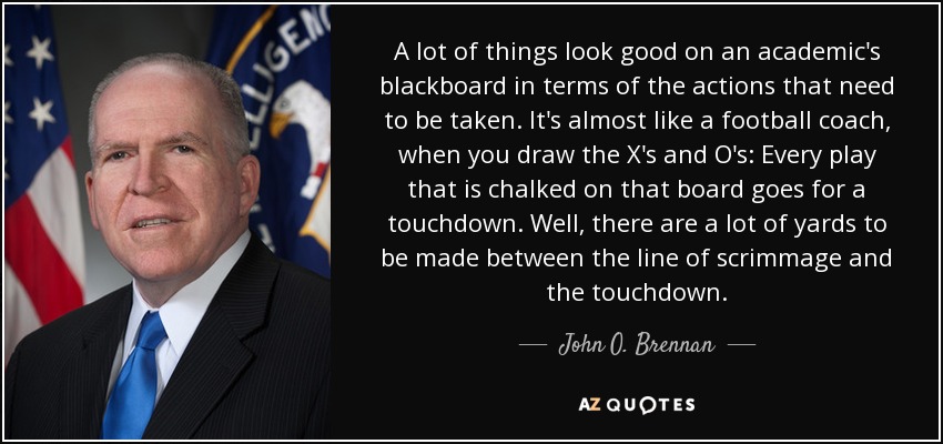 A lot of things look good on an academic's blackboard in terms of the actions that need to be taken. It's almost like a football coach, when you draw the X's and O's: Every play that is chalked on that board goes for a touchdown. Well, there are a lot of yards to be made between the line of scrimmage and the touchdown. - John O. Brennan
