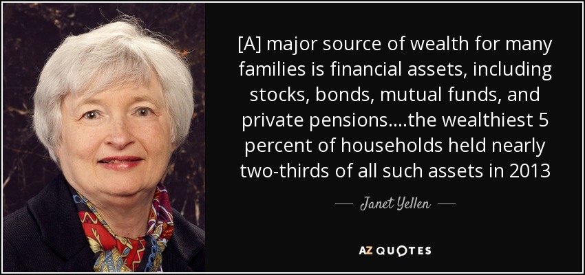 [A] major source of wealth for many families is financial assets, including stocks, bonds, mutual funds, and private pensions. ...the wealthiest 5 percent of households held nearly two-thirds of all such assets in 2013 - Janet Yellen