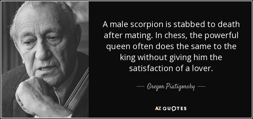 A male scorpion is stabbed to death after mating. In chess, the powerful queen often does the same to the king without giving him the satisfaction of a lover. - Gregor Piatigorsky