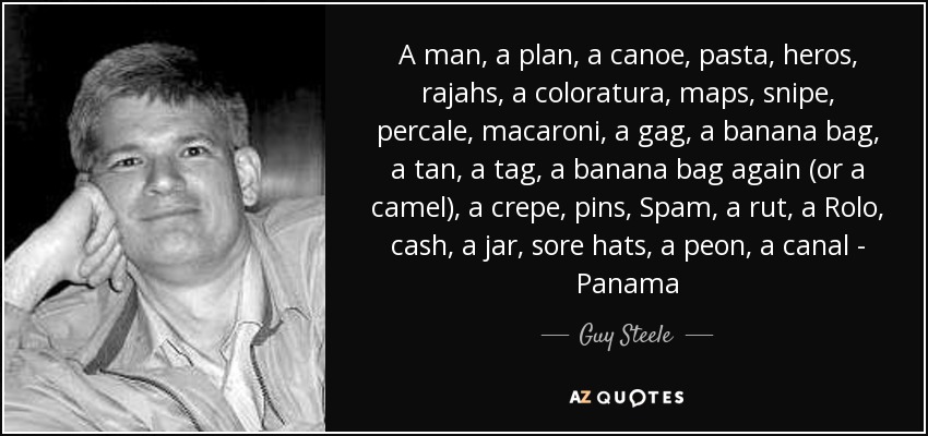 A man, a plan, a canoe, pasta, heros, rajahs, a coloratura, maps, snipe, percale, macaroni, a gag, a banana bag, a tan, a tag, a banana bag again (or a camel), a crepe, pins, Spam, a rut, a Rolo, cash, a jar, sore hats, a peon, a canal - Panama - Guy Steele