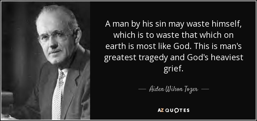 A man by his sin may waste himself, which is to waste that which on earth is most like God. This is man's greatest tragedy and God's heaviest grief. - Aiden Wilson Tozer