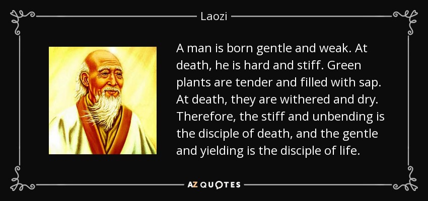 A man is born gentle and weak. At death, he is hard and stiff. Green plants are tender and filled with sap. At death, they are withered and dry. Therefore, the stiff and unbending is the disciple of death, and the gentle and yielding is the disciple of life. - Laozi
