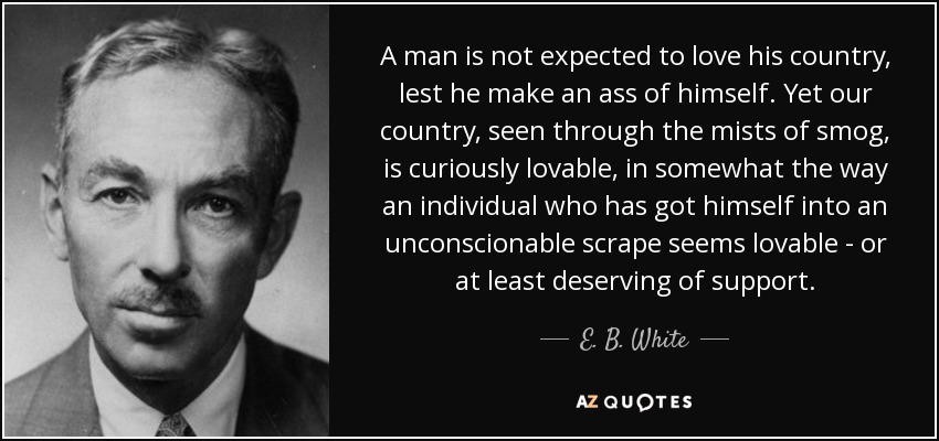 A man is not expected to love his country, lest he make an ass of himself. Yet our country, seen through the mists of smog, is curiously lovable, in somewhat the way an individual who has got himself into an unconscionable scrape seems lovable - or at least deserving of support. - E. B. White