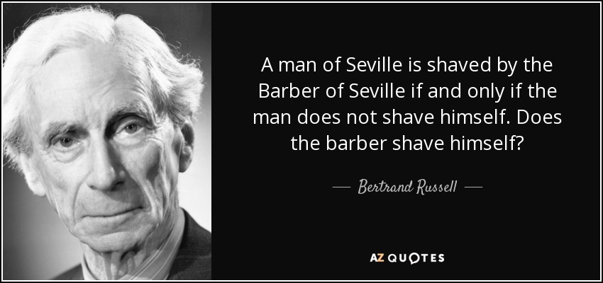 A man of Seville is shaved by the Barber of Seville if and only if the man does not shave himself. Does the barber shave himself? - Bertrand Russell