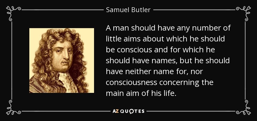 A man should have any number of little aims about which he should be conscious and for which he should have names, but he should have neither name for, nor consciousness concerning the main aim of his life. - Samuel Butler