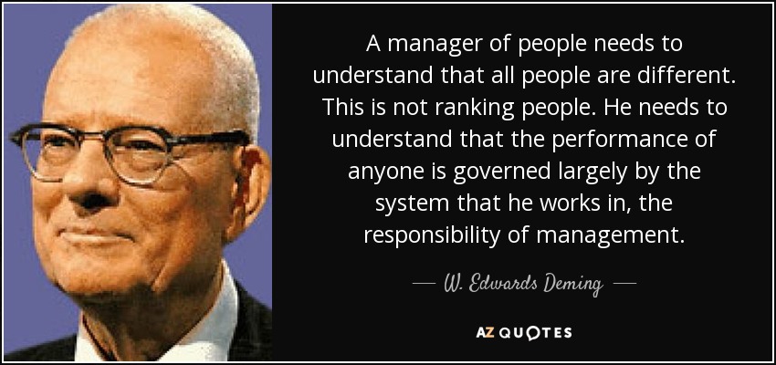 A manager of people needs to understand that all people are different. This is not ranking people. He needs to understand that the performance of anyone is governed largely by the system that he works in, the responsibility of management. - W. Edwards Deming