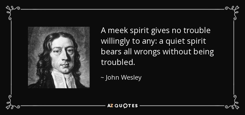 A meek spirit gives no trouble willingly to any: a quiet spirit bears all wrongs without being troubled. - John Wesley