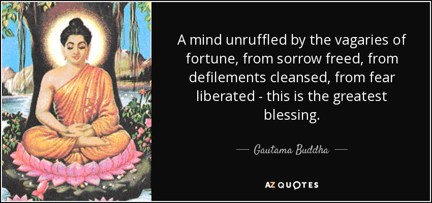 A mind unruffled by the vagaries of fortune, from sorrow freed, from defilements cleansed, from fear liberated - this is the greatest blessing. - Gautama Buddha