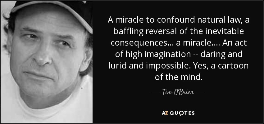 A miracle to confound natural law, a baffling reversal of the inevitable consequences . . . a miracle. . . . An act of high imagination -- daring and lurid and impossible. Yes, a cartoon of the mind. - Tim O'Brien