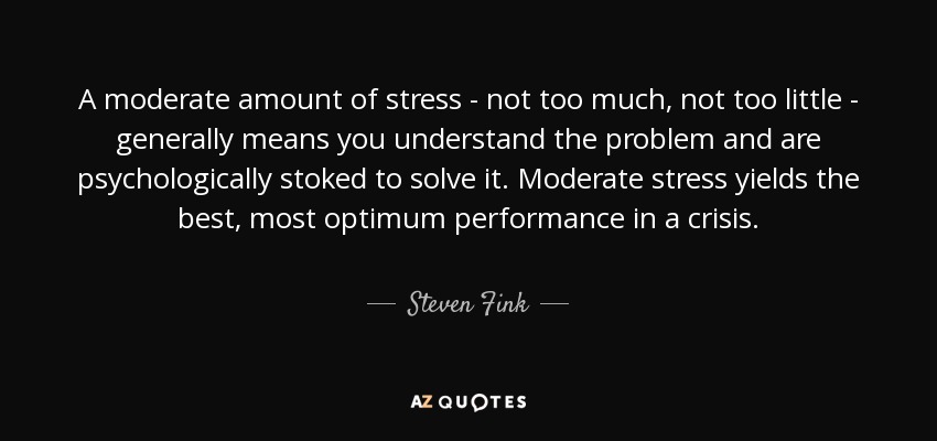 A moderate amount of stress - not too much, not too little - generally means you understand the problem and are psychologically stoked to solve it. Moderate stress yields the best, most optimum performance in a crisis. - Steven Fink