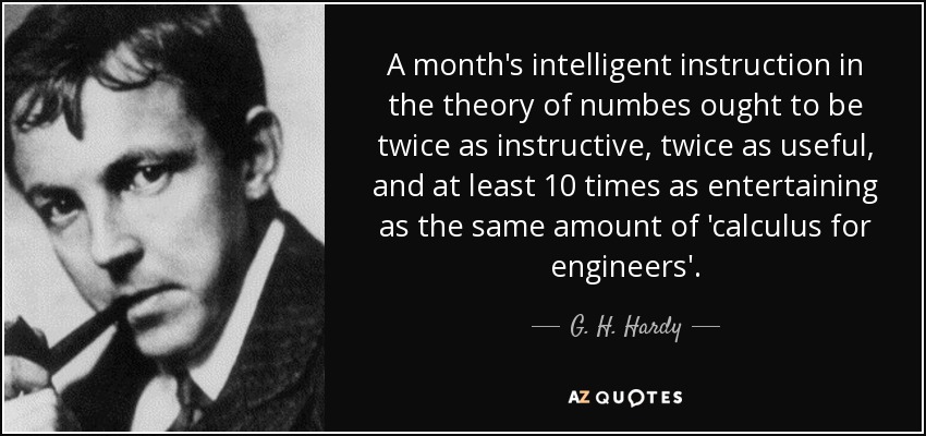 A month's intelligent instruction in the theory of numbes ought to be twice as instructive, twice as useful, and at least 10 times as entertaining as the same amount of 'calculus for engineers'. - G. H. Hardy