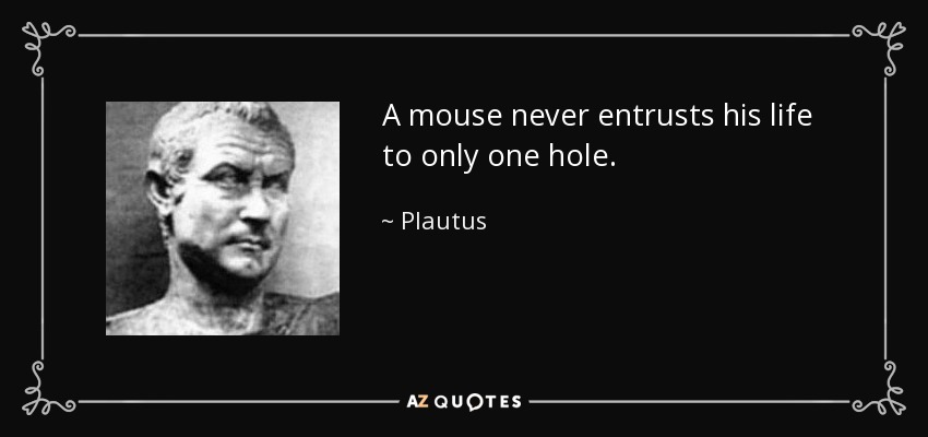 A mouse never entrusts his life to only one hole. - Plautus