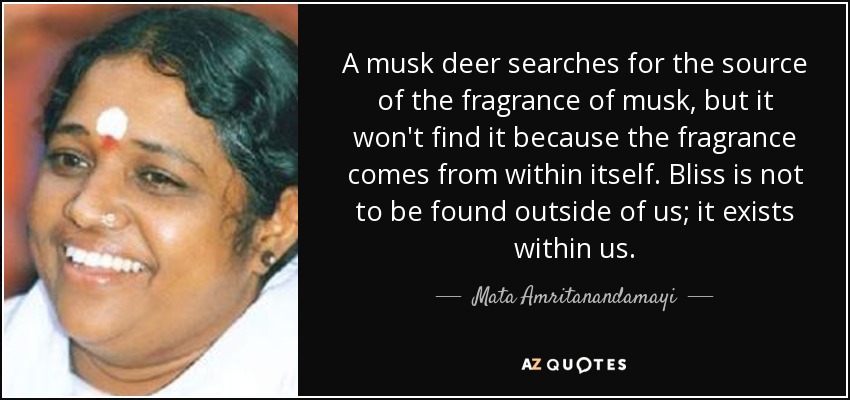A musk deer searches for the source of the fragrance of musk, but it won't find it because the fragrance comes from within itself. Bliss is not to be found outside of us; it exists within us. - Mata Amritanandamayi