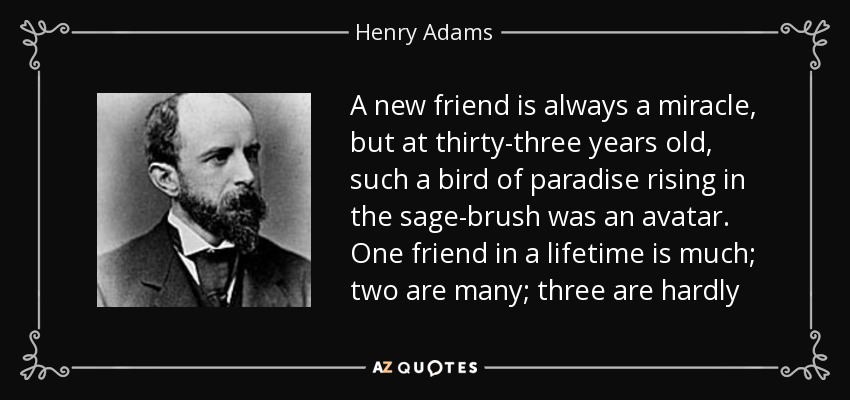 A new friend is always a miracle, but at thirty-three years old, such a bird of paradise rising in the sage-brush was an avatar. One friend in a lifetime is much; two are many; three are hardly - Henry Adams