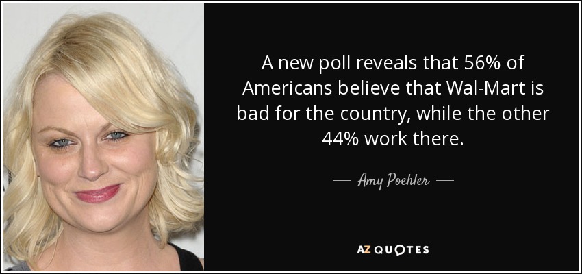 A new poll reveals that 56% of Americans believe that Wal-Mart is bad for the country, while the other 44% work there. - Amy Poehler