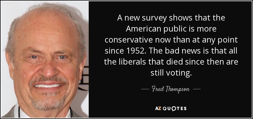 A new survey shows that the American public is more conservative now than at any point since 1952. The bad news is that all the liberals that died since then are still voting. - Fred Thompson
