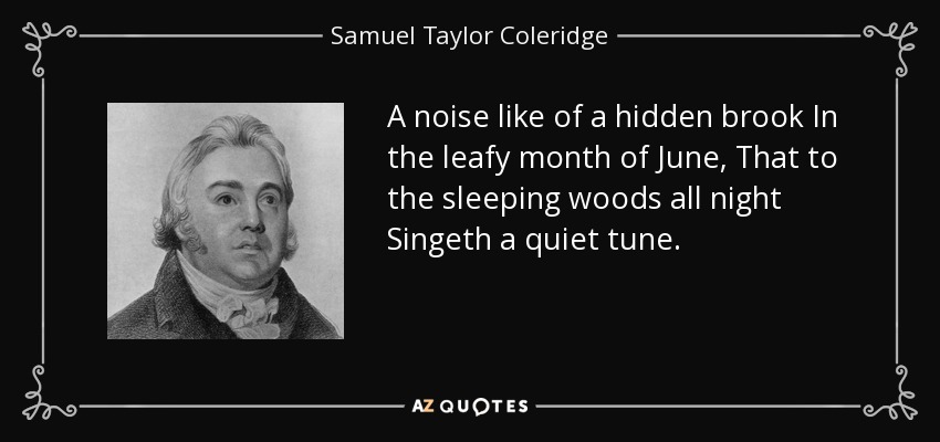 A noise like of a hidden brook In the leafy month of June, That to the sleeping woods all night Singeth a quiet tune. - Samuel Taylor Coleridge