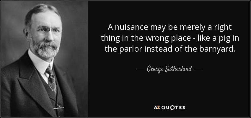 A nuisance may be merely a right thing in the wrong place - like a pig in the parlor instead of the barnyard. - George Sutherland