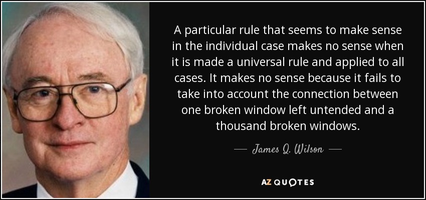 A particular rule that seems to make sense in the individual case makes no sense when it is made a universal rule and applied to all cases. It makes no sense because it fails to take into account the connection between one broken window left untended and a thousand broken windows. - James Q. Wilson