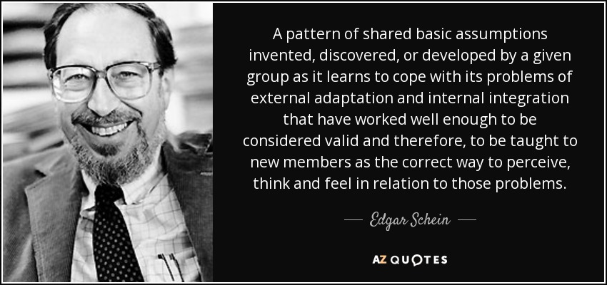 A pattern of shared basic assumptions invented, discovered, or developed by a given group as it learns to cope with its problems of external adaptation and internal integration that have worked well enough to be considered valid and therefore, to be taught to new members as the correct way to perceive, think and feel in relation to those problems. - Edgar Schein