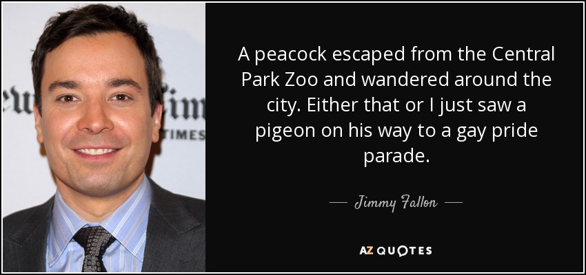 A peacock escaped from the Central Park Zoo and wandered around the city. Either that or I just saw a pigeon on his way to a gay pride parade. - Jimmy Fallon