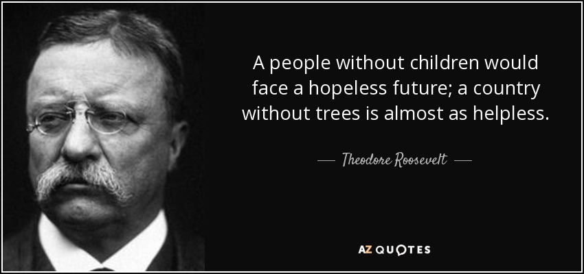 A people without children would face a hopeless future; a country without trees is almost as helpless. - Theodore Roosevelt