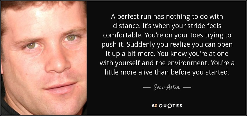 A perfect run has nothing to do with distance. It's when your stride feels comfortable. You're on your toes trying to push it. Suddenly you realize you can open it up a bit more. You know you're at one with yourself and the environment. You're a little more alive than before you started. - Sean Astin