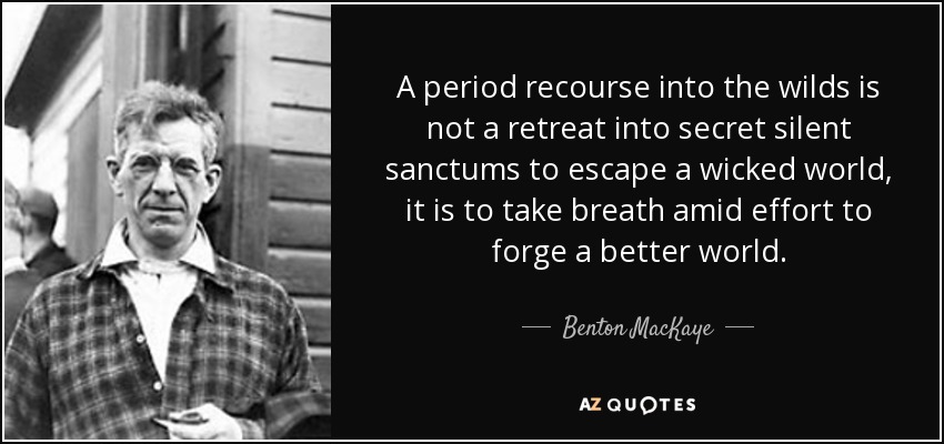 A period recourse into the wilds is not a retreat into secret silent sanctums to escape a wicked world, it is to take breath amid effort to forge a better world. - Benton MacKaye